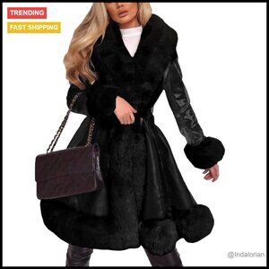 Faux Leather Jacket with Fur Collar Slim Fit Winter Coat Chic Outerwear